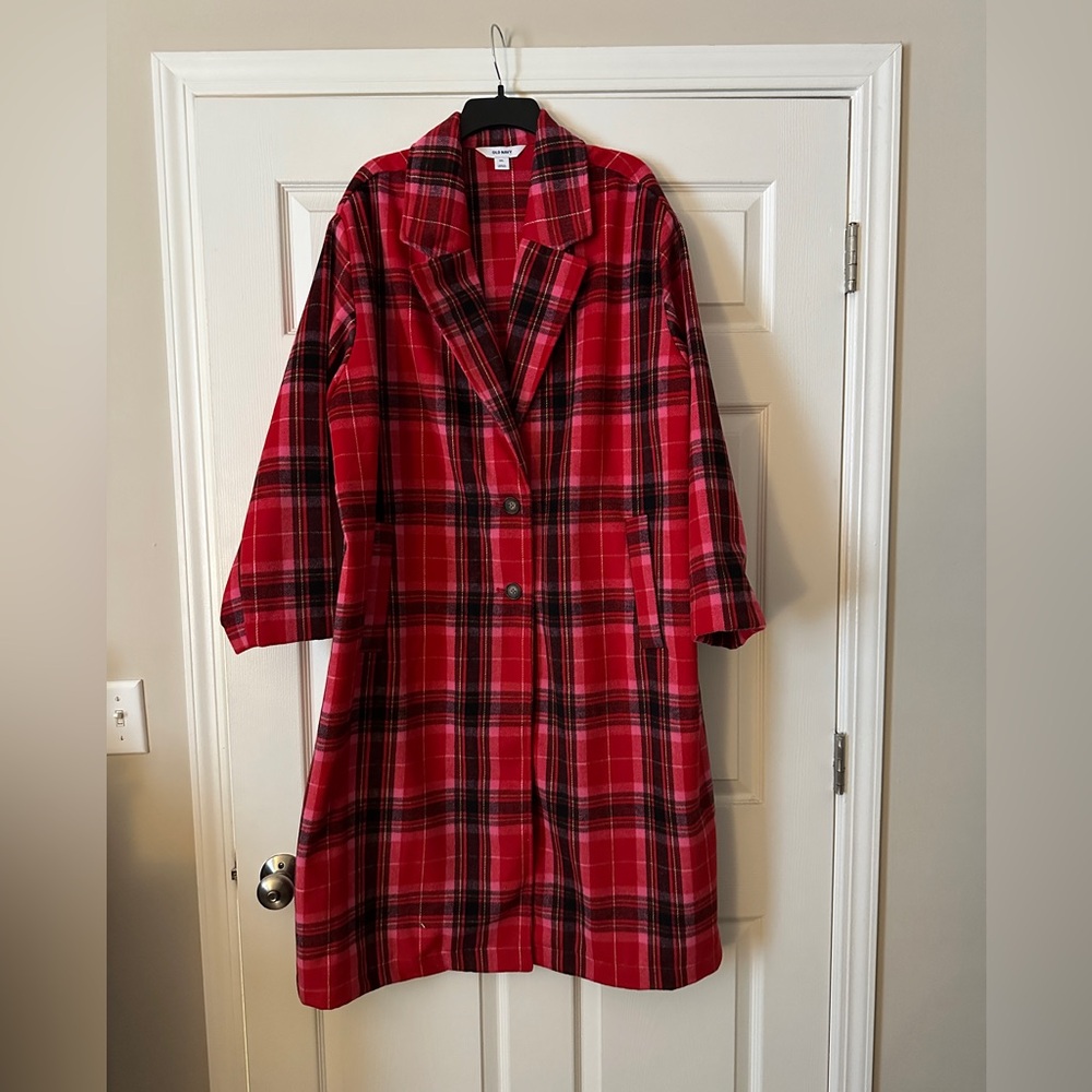 Soft brushed pink and red plaid long overcoat